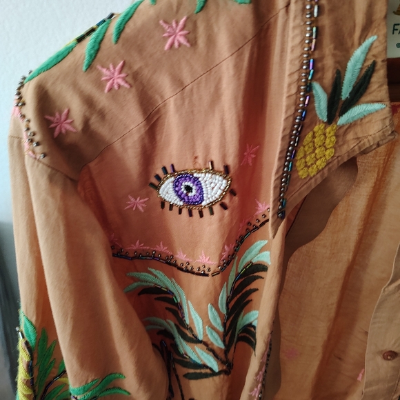 FARM RIO Mystic Embroidered + Beaded Button-Up Shirt Small - Picture 5 of 10